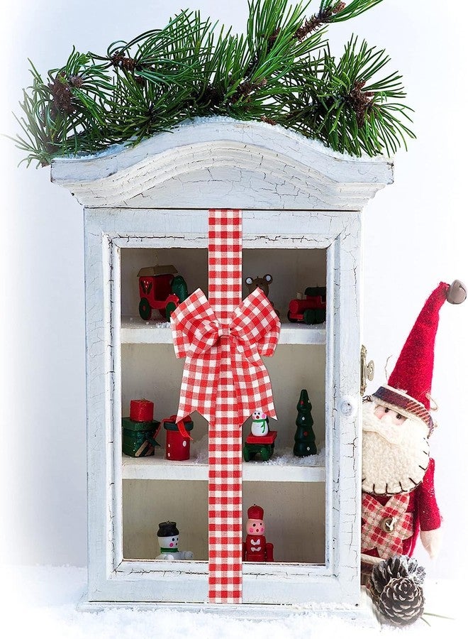 Haooryx Christmas Cabinet Ribbons Bows Door Decorations - 6Pcs Red and White Plaid Large Bows Braided Burlap Home Xmas Tree Decor Handmade Bow Ornaments for Christmas Home Kitchen Party Supplies - Image 5